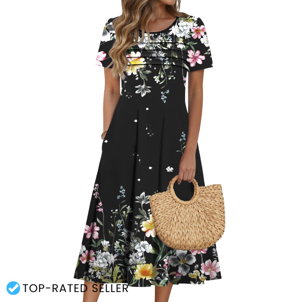 Floral Print Midi Dress Bohemian Loose Fit Casual Summer Sundress With Pockets